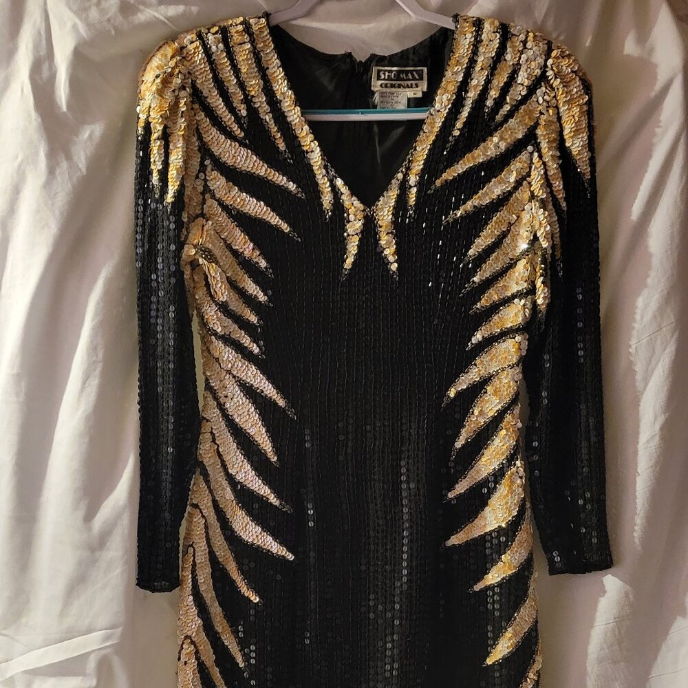 Vintage SHOMAX Pure Silk-lined Tiger Stripe Sequin Party Dress  Size S or 36